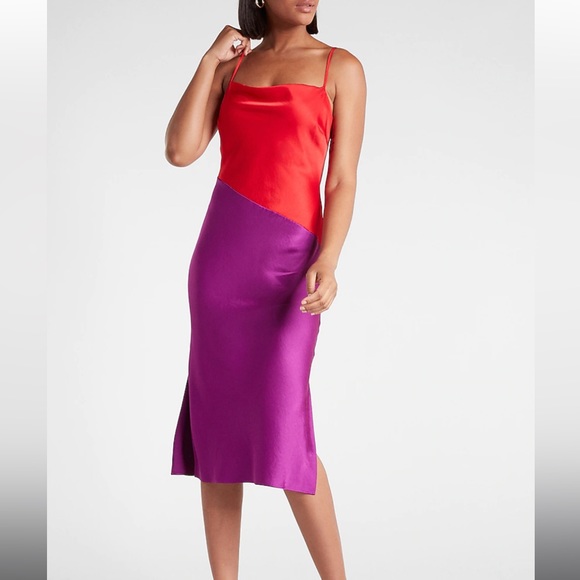 Express - Satin Color Block Midi Slip Dress - Purple Crush - Size S - New - Picture 1 of 3